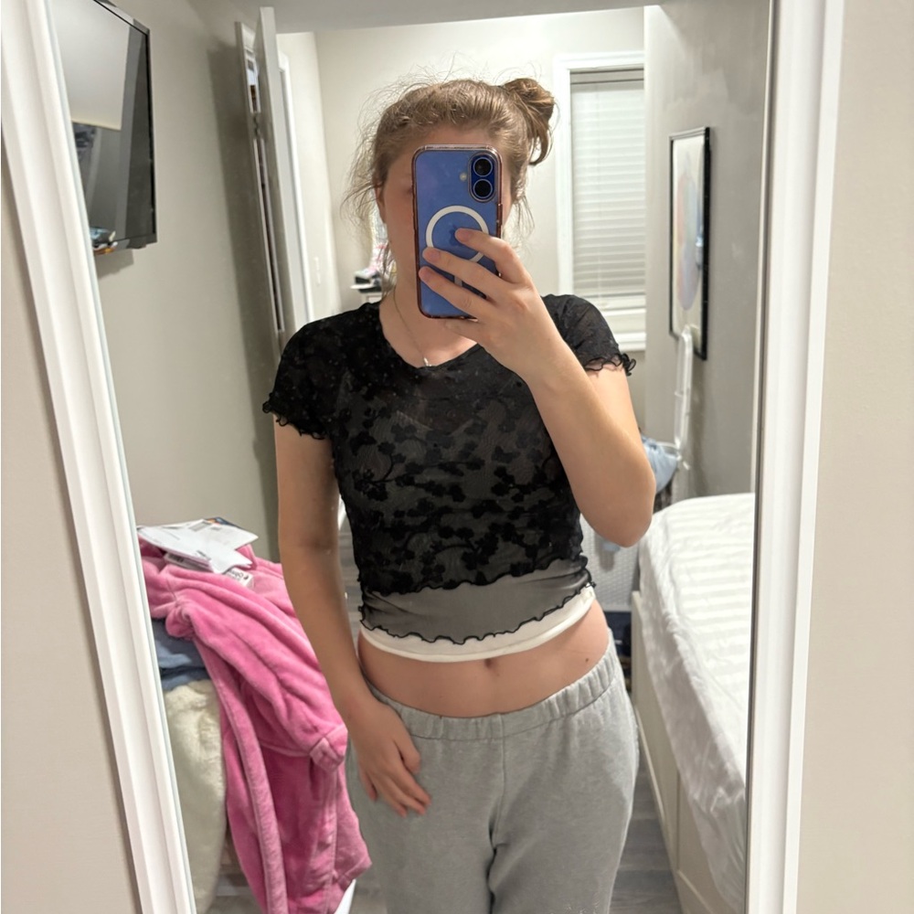 Forever 21 Black Sheer Lace Overlay Top